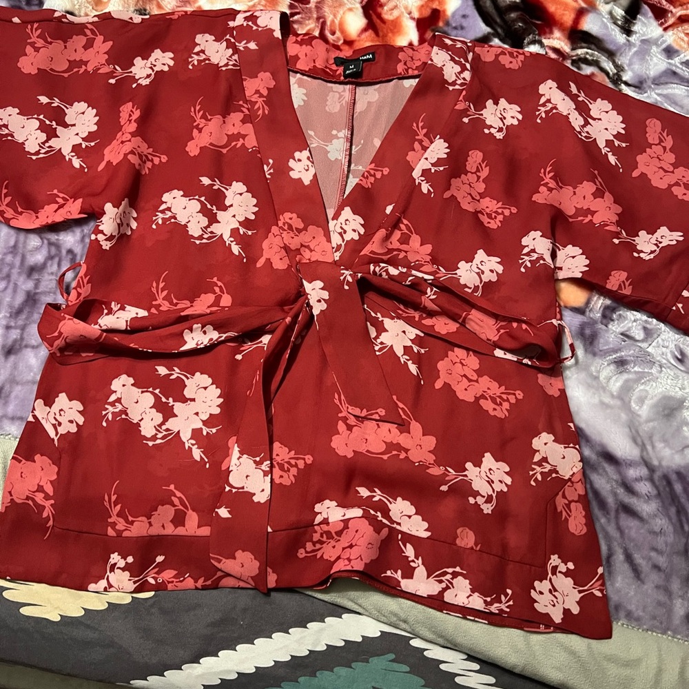 H&M Red Floral Open Front Kimono